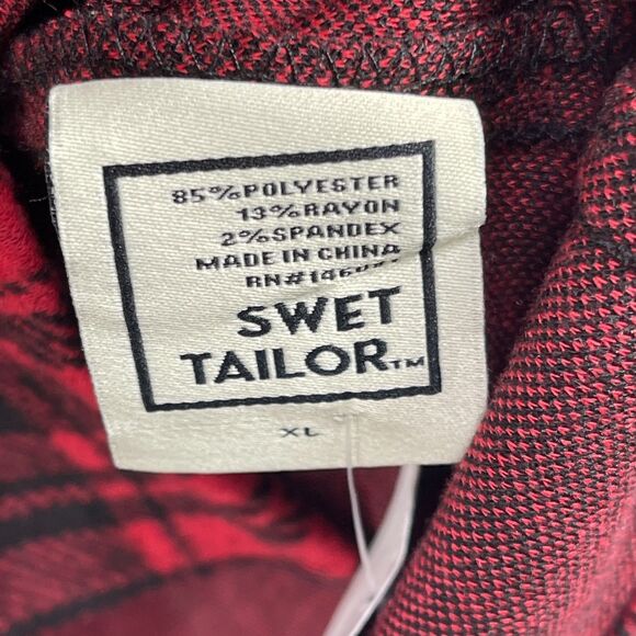 Swet Tailor Shirt Men XL Red Black Flannel Plaid Stretch Knit Collared Button-Up - Picture 7 of 12